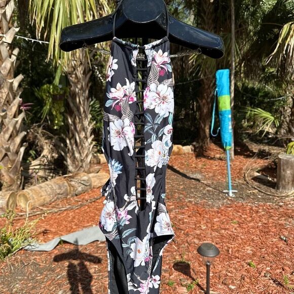 Rachael Roy Cut Out Black Floral print swimsuit one piece bathing suit - Picture 7 of 7